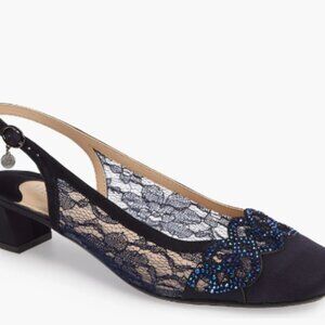 J. Renee Faleece Navy Slingback Heels 11 WW Satin, Crystals, Lace